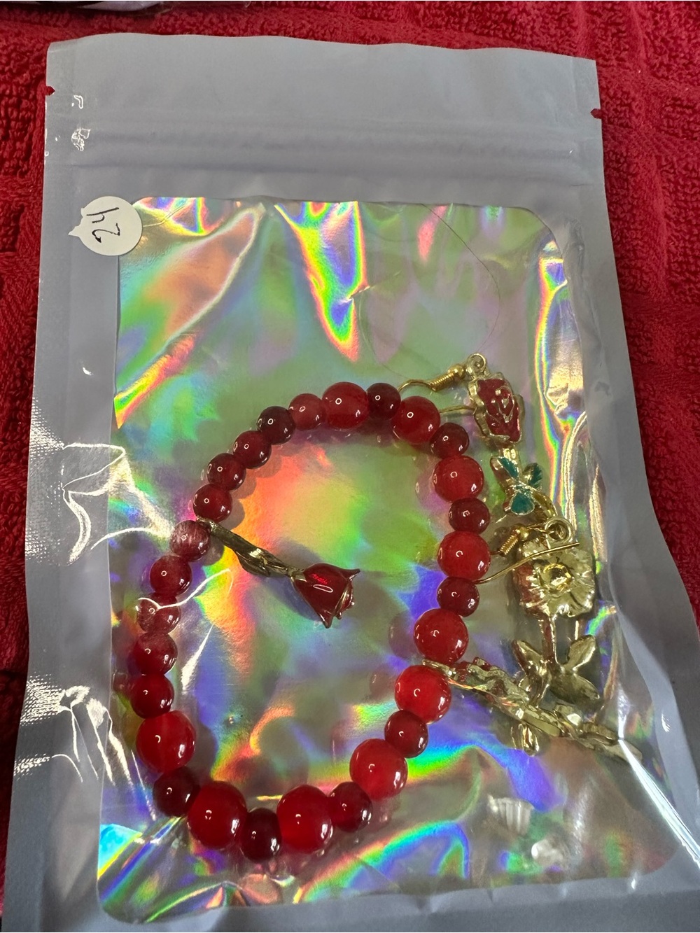 Red Beaded Charm Bracelet with matching hook earrings- Fashion Women Accessories